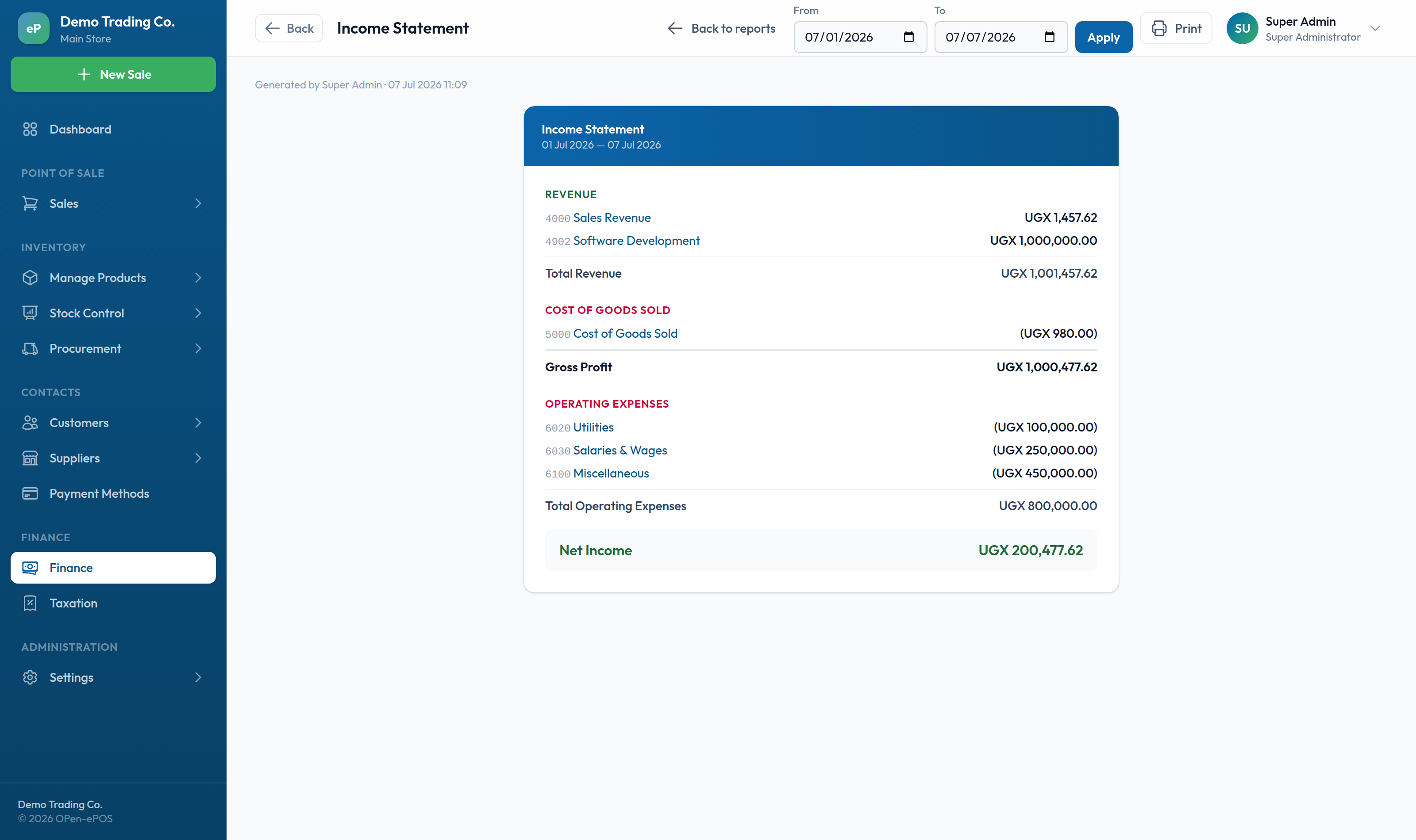 Income statement report
